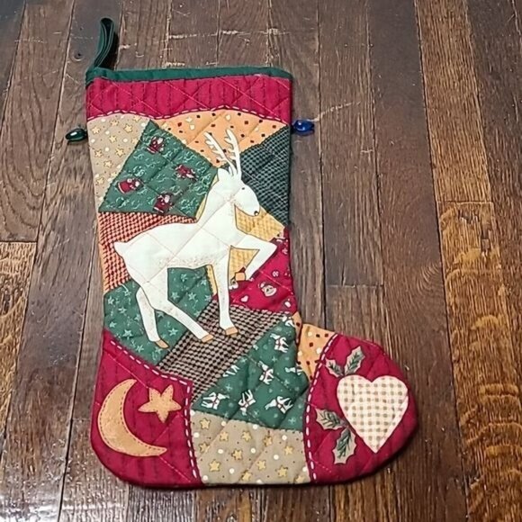 Vintage Christmas Patchwork Reindeer Snowflake Holiday Stocking Red Green - Picture 2 of 8